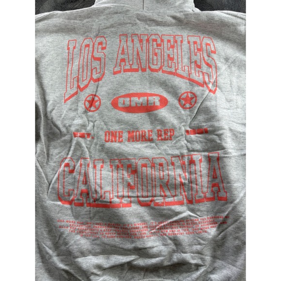 OMR One More Rep Los Angeles California Hoodie Grey Red Graphic Mens Large - Picture 8 of 8